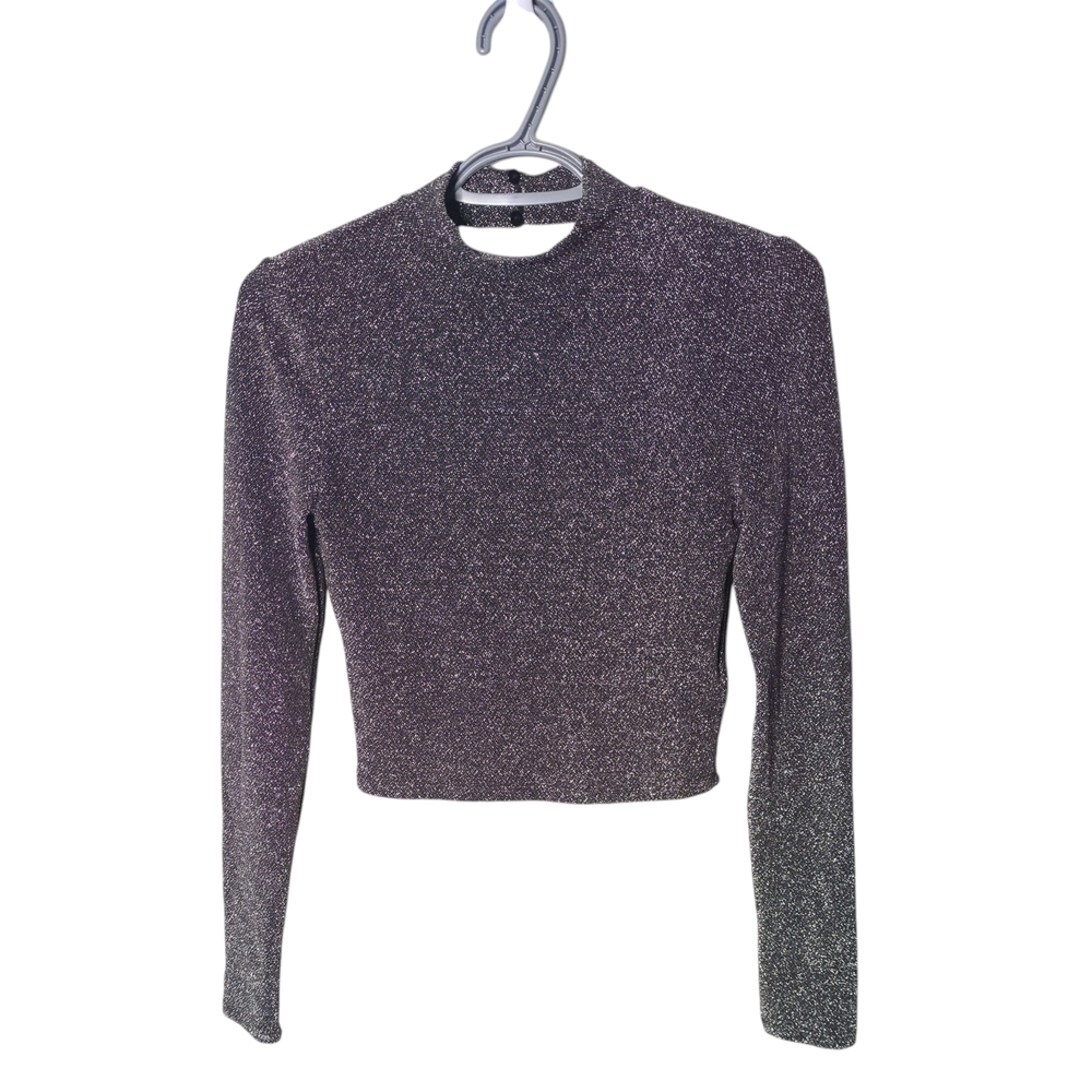 H&H Divided Sparkling Black/Silver Long Sleeve Cropped Top Size Small